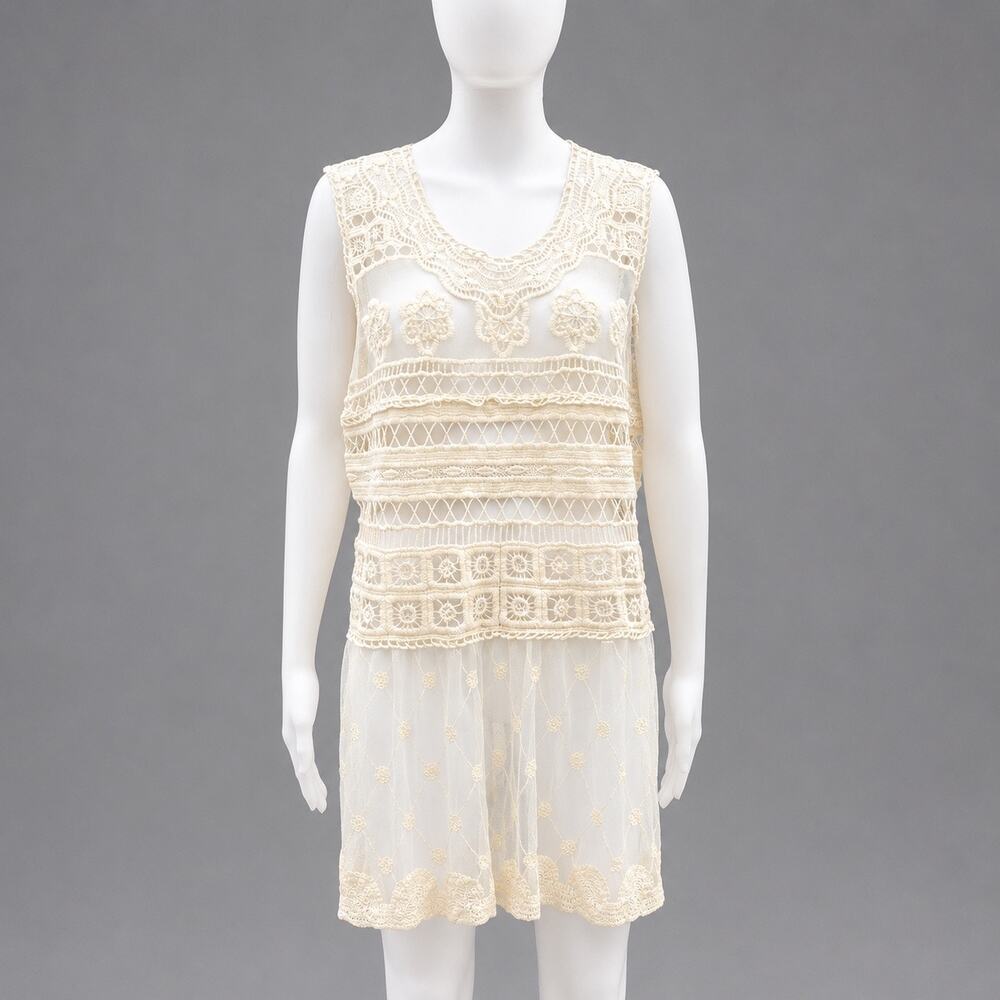 Sunday in Brooklyn Anthropologie Crochet Lace Sheer Tunic Top Cream L Boho